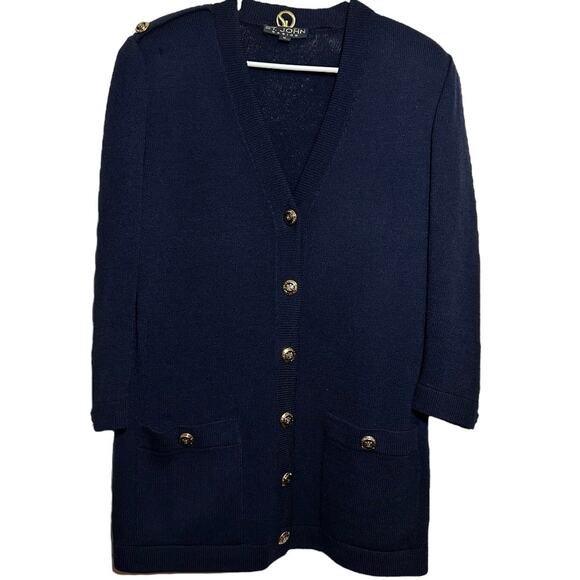 Vintage St. John Basics Santana Knit Cardigan Military Button Front Navy Medium